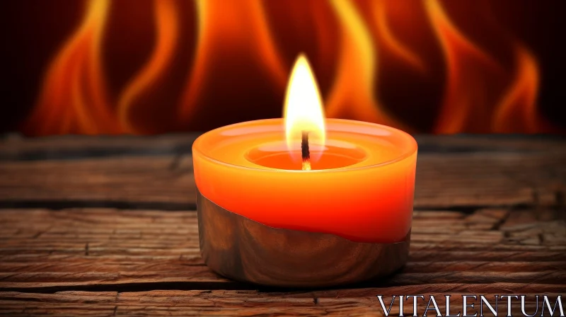 AI ART Orange Candle on Wooden Table with Dancing Flames