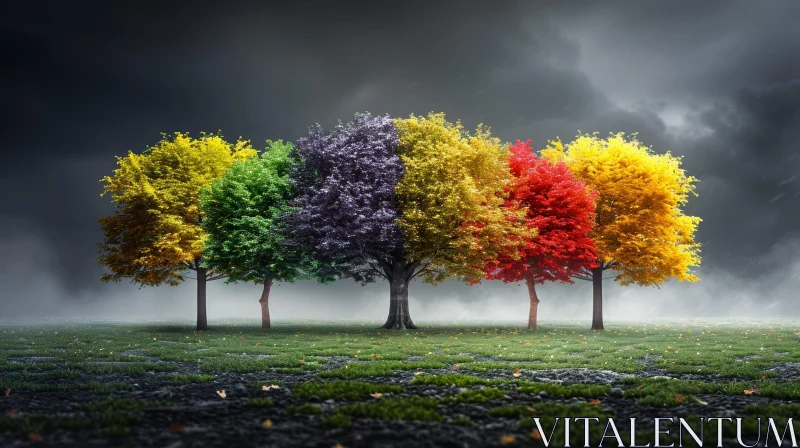 Vivid Trees in a Colorful Field Landscape AI Image