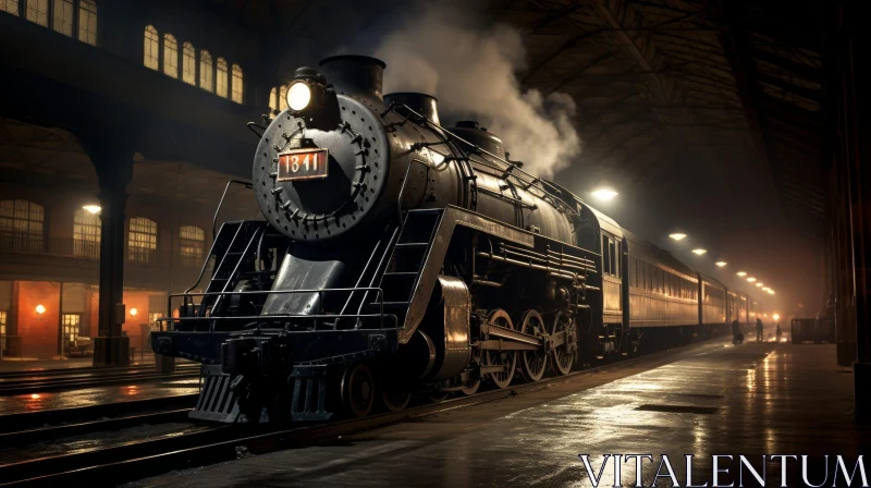 Black Steam Locomotive Pulling Passenger Cars at Station AI Image