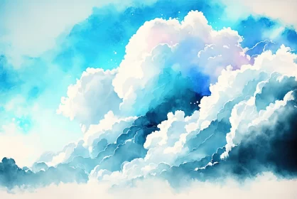 Captivating Watercolor Painting of Dreamy Clouds in a Blue Sky