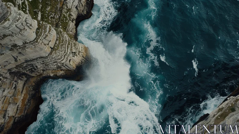 Dramatic Aerial View of Rugged Coastline with Crashing Waves AI Image