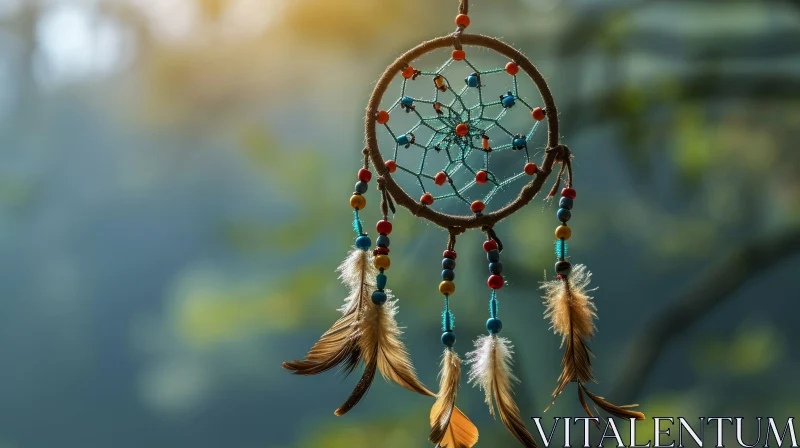 Dreamcatcher Hanging in Forest - Close-Up Nature Image AI Image