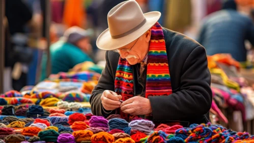 Elderly Man Portrait with Colorful Yarn