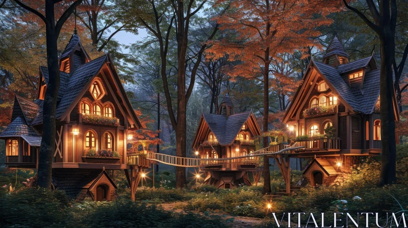 Enchanting Forest Scene with Three Tree Houses AI Image