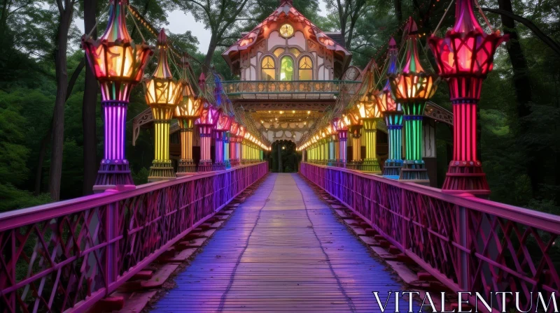 Enchanting Wooden Bridge and Clock Tower in Forest at Night AI Image