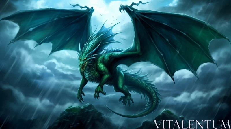 Green Dragon in Stormy Sky - Fantasy Digital Art AI Image