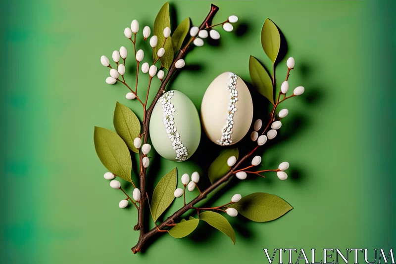Green Leaves and White Flowers Surrounding a Green Easter Egg - Intricate Ornamental Details AI Image