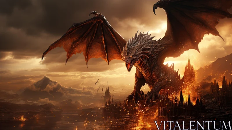 Menacing Dragon Over Burning Castle AI Image