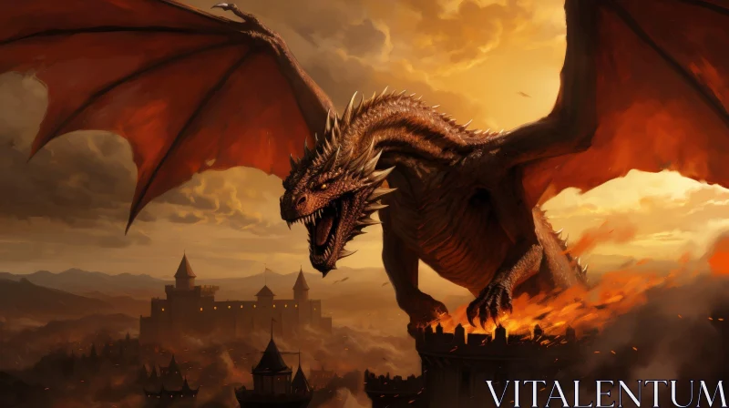 AI ART Red Dragon Flying Over Medieval Castle - Fantasy Artwork