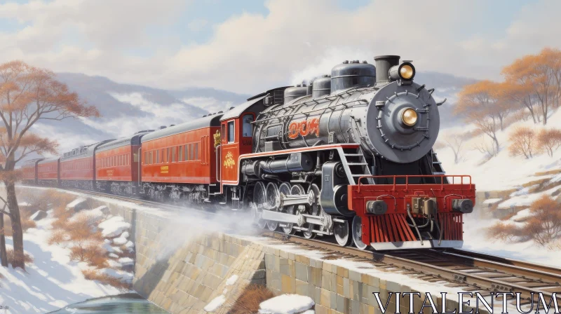 AI ART Snowy Steam Locomotive Crossing Bridge