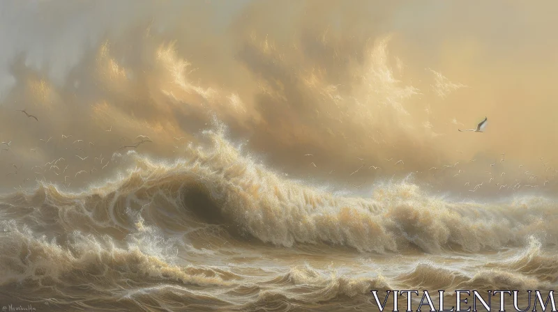 Stormy Sea Painting - Waves Crashing Shore - Realistic Art AI Image