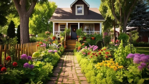 Summer Day in Small Town - Cottage with Flower Garden