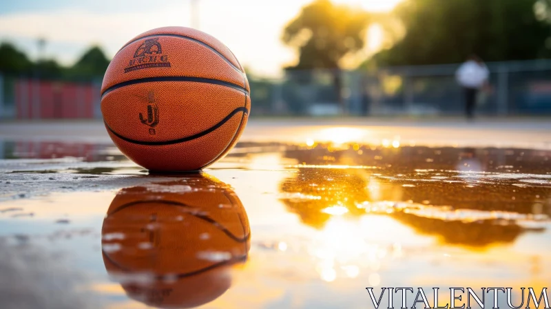 Sunset Basketball on Wet Court AI Image