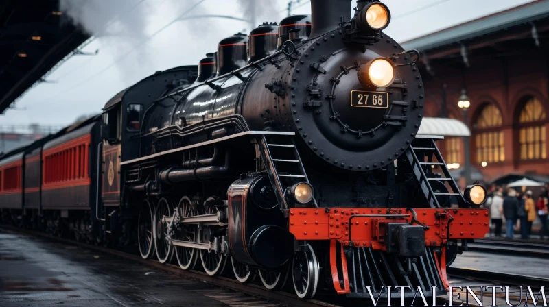 Vintage Black Steam Locomotive with Red Details AI Image