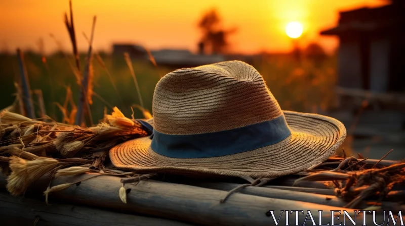 Weathered Straw Hat on Wooden Fence at Sunset AI Image