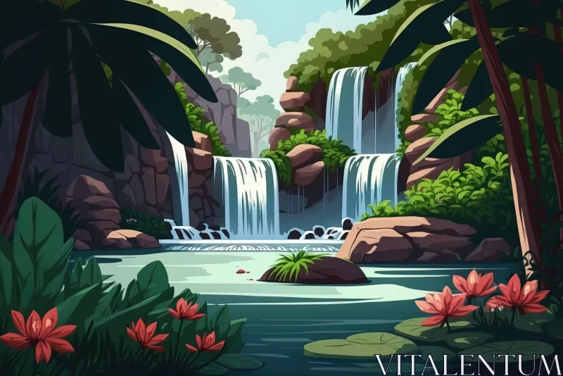 Cartoon Waterfall in the Jungle: Serene Faces and Nature-based Patterns AI Image
