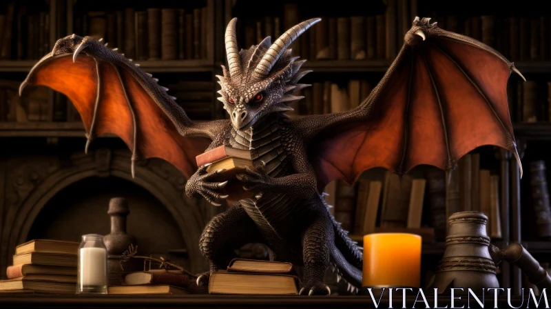 Enchanting Black Dragon in Library Painting AI Image