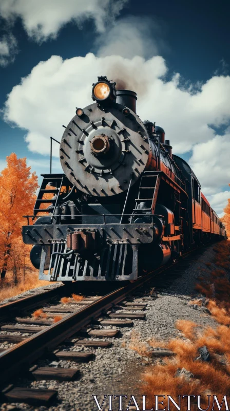 Scenic Black Locomotive Journey through Rural Landscape AI Image