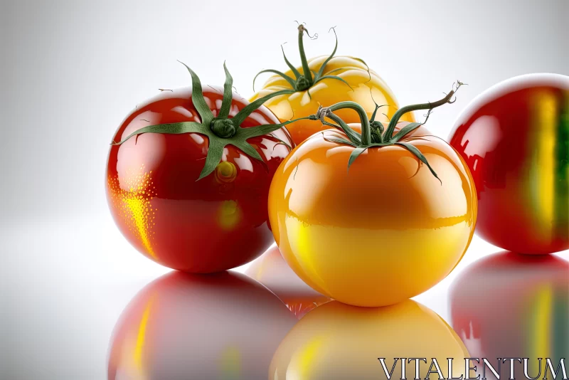 AI ART Stunning Reflection: Four Vibrant Tomatoes in Vray Tracing