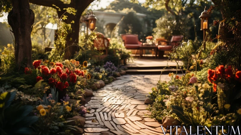 Tranquil Garden Oasis: Stone Path, Colorful Flowers, Cozy Seating AI Image