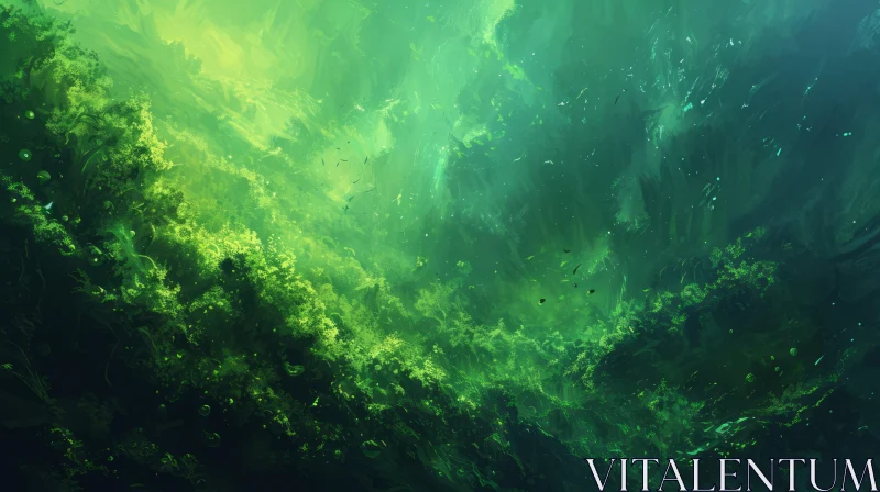 Tranquil Underwater Scene with Green Tint and Sunlight Sparkle AI Image