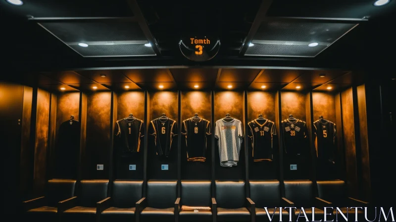 Basketball-Themed Locker Room with Jerseys and Chairs AI Image