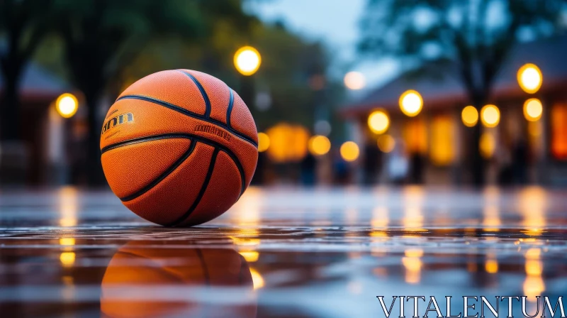 City Lights Basketball on Wet Court AI Image