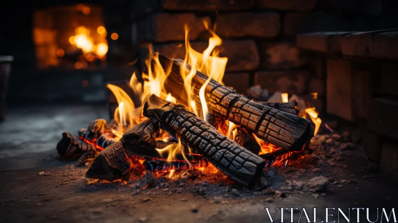 Cozy Wood Fire in Brick Fireplace AI Image