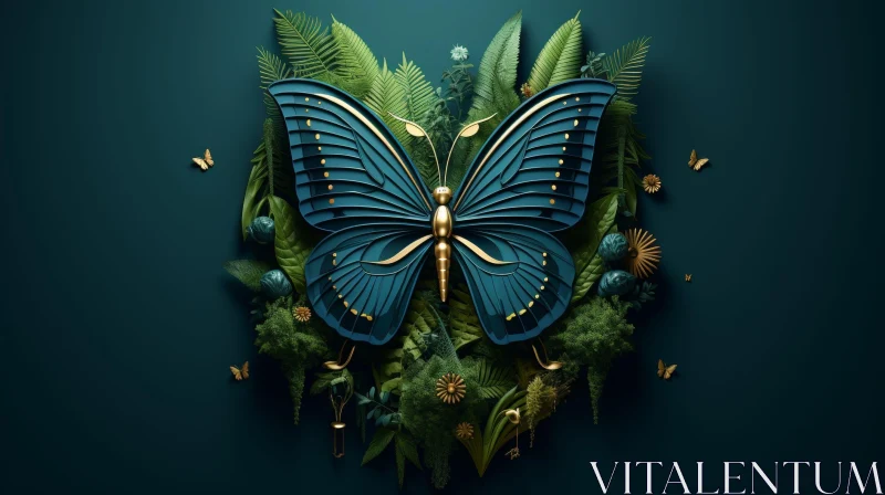 Dark Blue Butterfly in Lush Green Garden - 3D Rendering AI Image