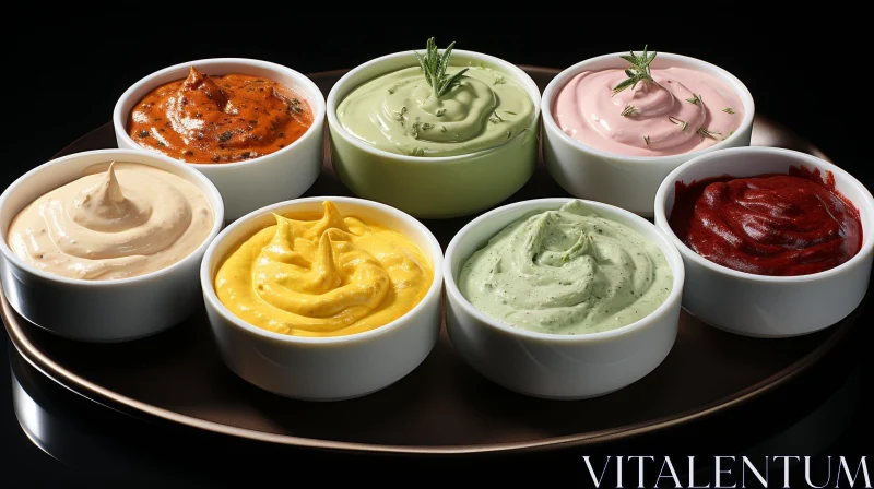 Delicious Variety of Sauces in White Bowls on Brown Plate AI Image
