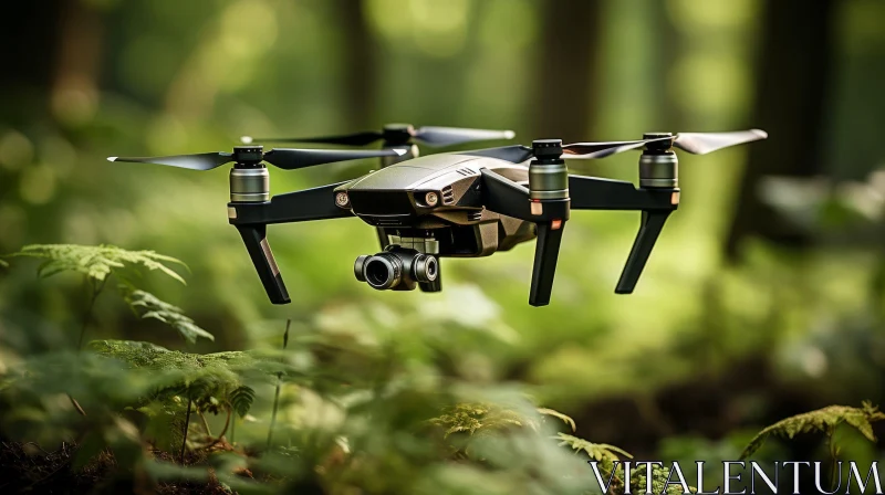 Drone Flight in Green Forest - Aerial Exploration AI Image