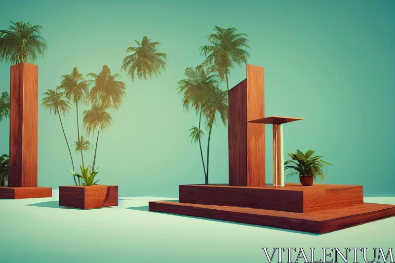 Futuristic Retro Palm Plants and Trees on Wooden Pedestal - Minimalist Stage Design AI Image