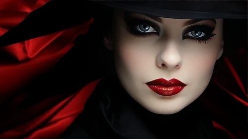 Intense Portrait of a Woman with Dark Hair and Red Lips