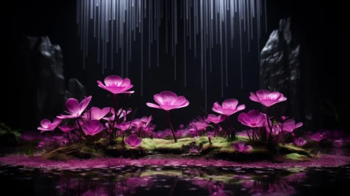 Pink Flower in Mysterious Landscape with Glowing Waterfall