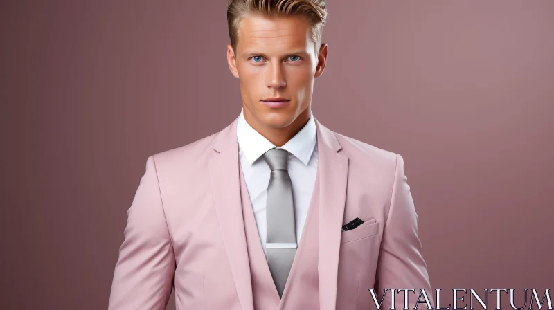 Serious Young Man in Pink Suit Portrait AI Image