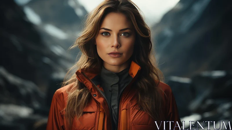 Serious Young Woman in Orange Jacket with Mountain Background AI Image