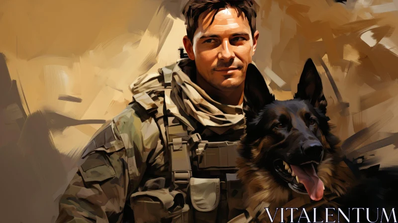 AI ART Soldier with German Shepherd Dog in Desert - Powerful Image