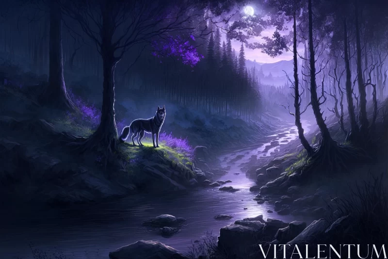Soothing Landscape: A Wolf by a Creek in the Dark AI Image