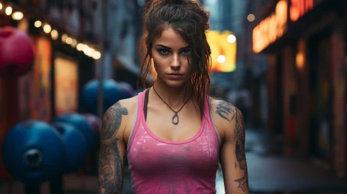 Urban Young Woman with Tattoos in Pink Tank Top