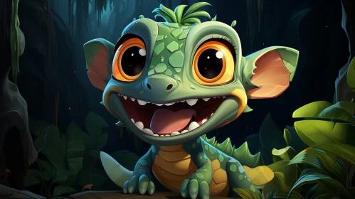 Whimsical Cartoon Lizard in Jungle Illustration