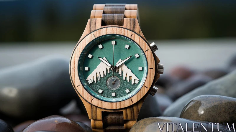 Wooden Wristwatch with Mountain Design on Rocks AI Image