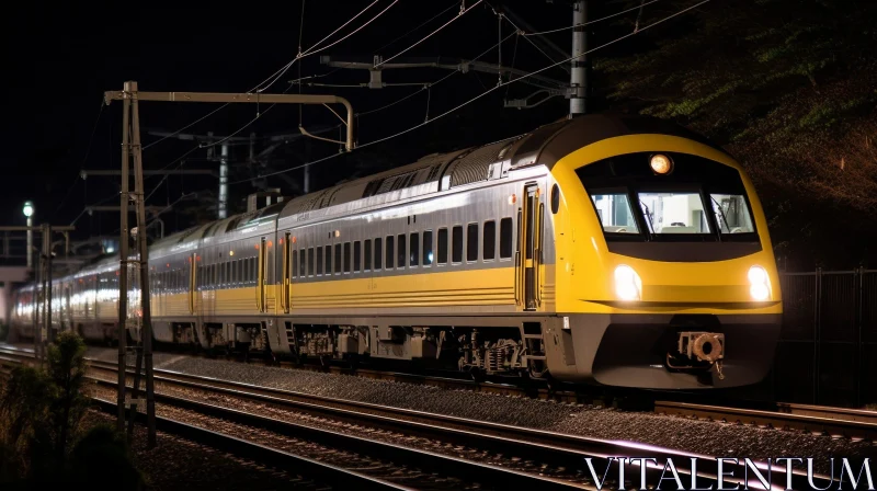 AI ART Yellow and Gray Passenger Train Passing Through Station at Night