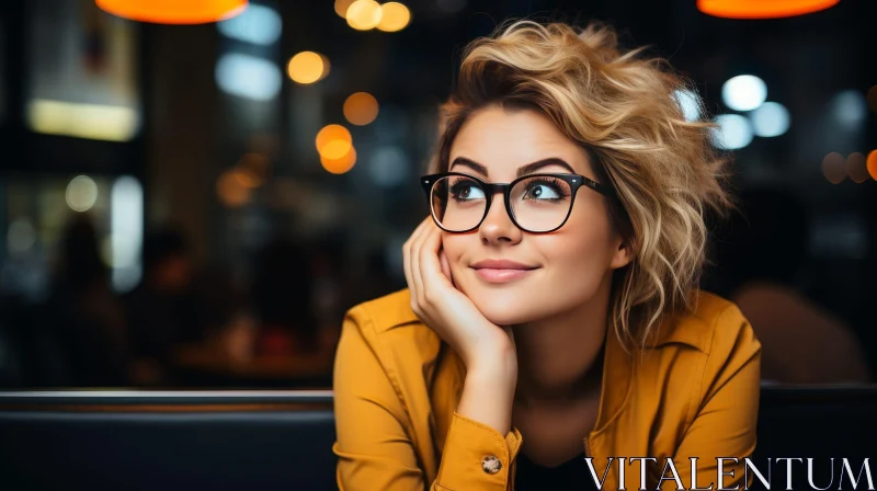 Young Woman Portrait in Restaurant with Bokeh Background AI Image