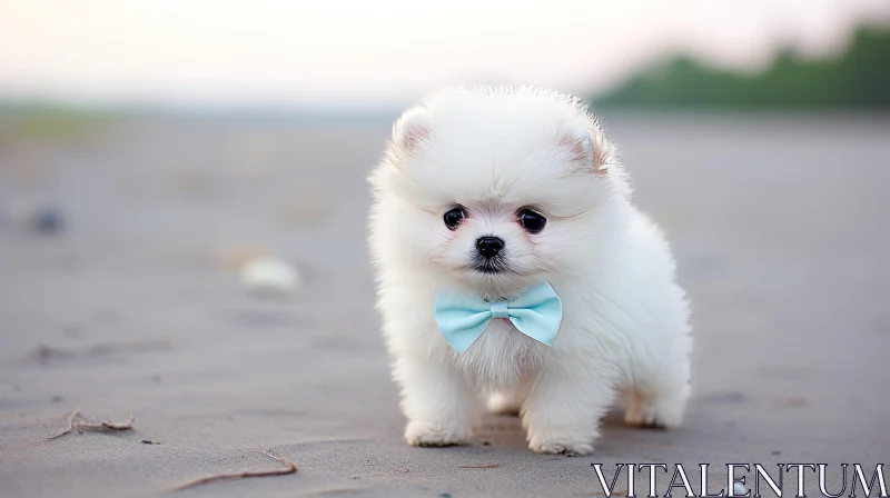 Adorable White Pomeranian Puppy on Beach AI Image