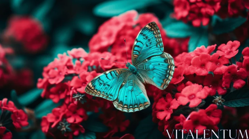 Blue and Green Butterfly on Red Flower - Nature Close-Up AI Image