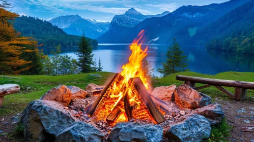 Bonfire by Lake: Tranquil Nature Scene with Mountains