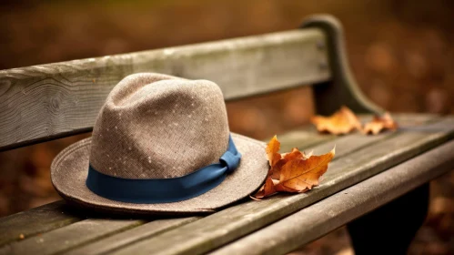 Brown Hat with Blue Ribbon on Wooden Bench in Park