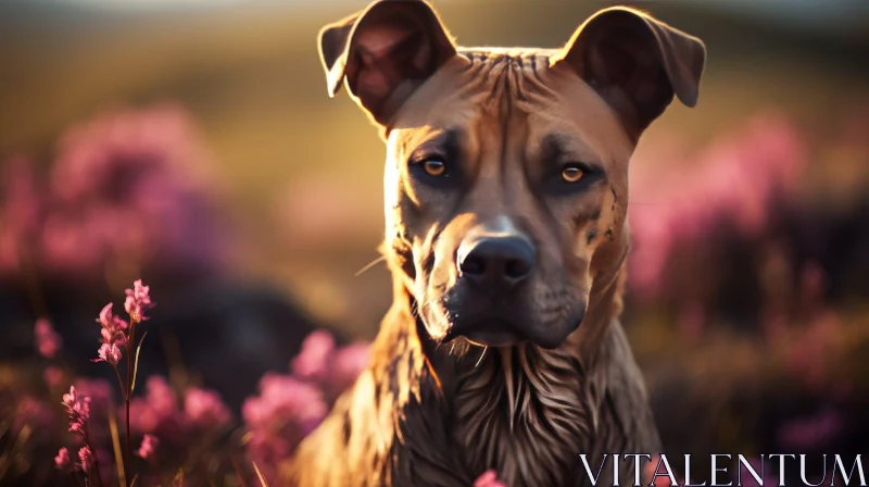 AI ART Brown Pit Bull Terrier Dog in Field of Purple Flowers