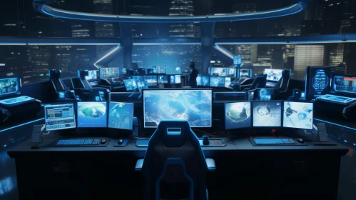 Futuristic Control Room Interior with Computer Screens and Panoramic Window