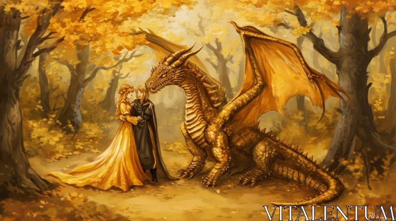 Golden Dragon Fantasy Painting in Autumn Forest AI Image